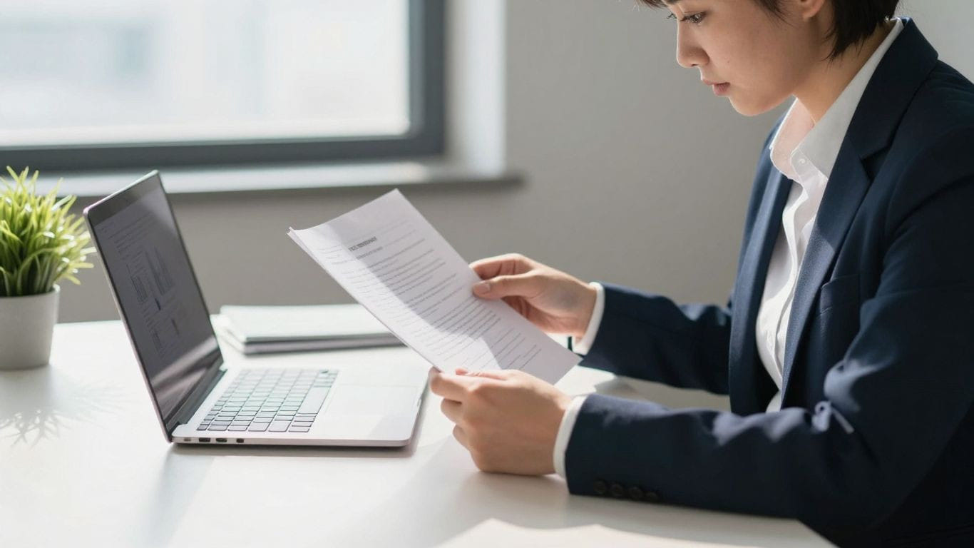 Professional reviewing business strategy documents in an office.