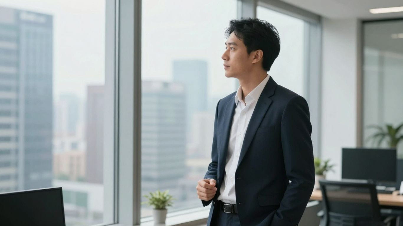 Professional overseeing business strategy from an office window.