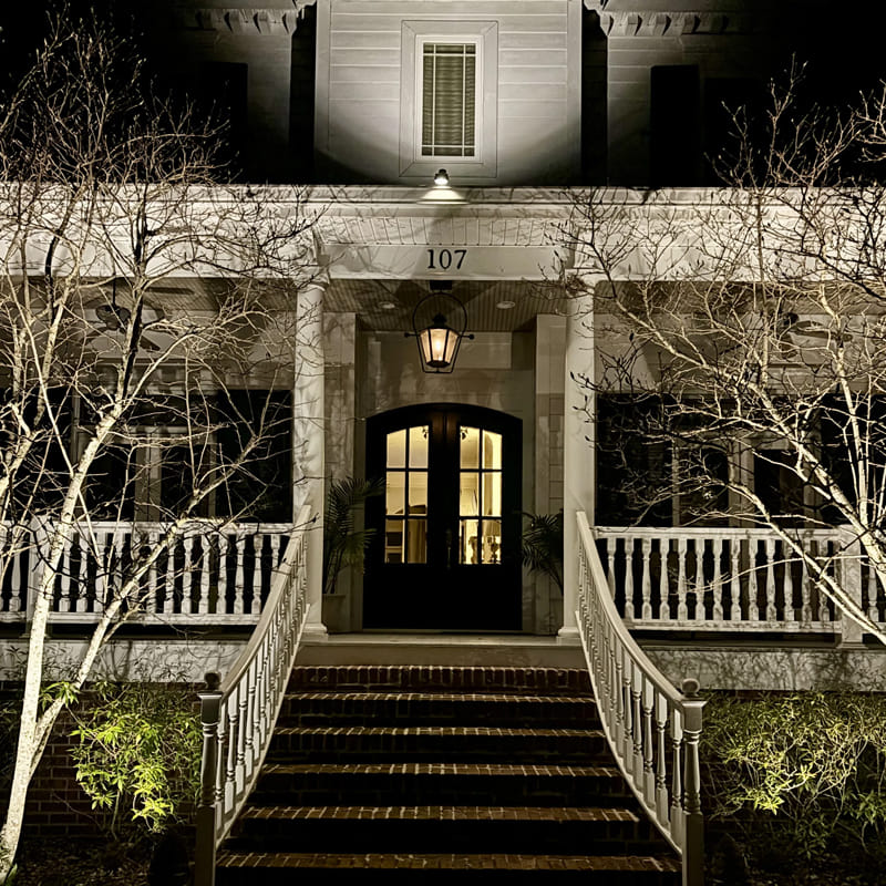 Downlighting on front porch of home in Covington, LA