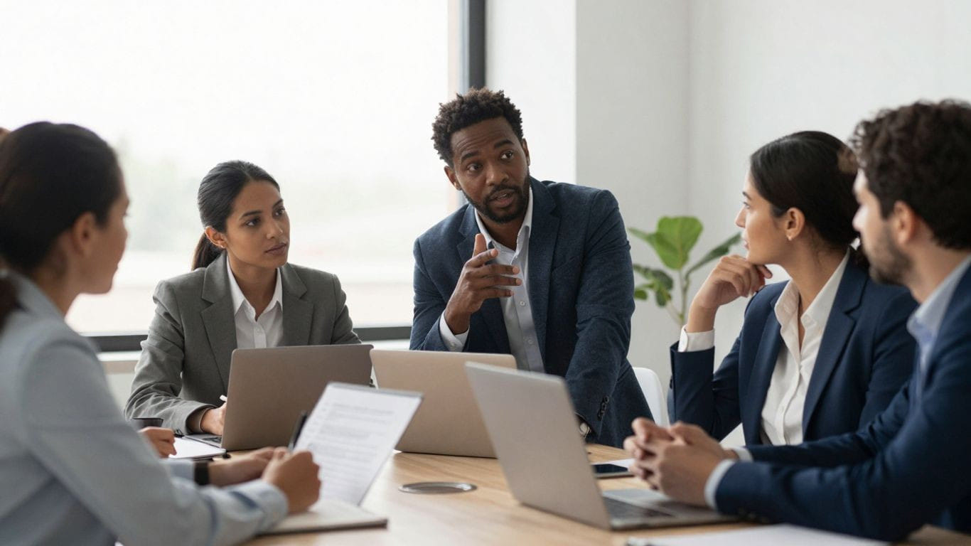 Business professionals in a meeting discussing HR strategy.