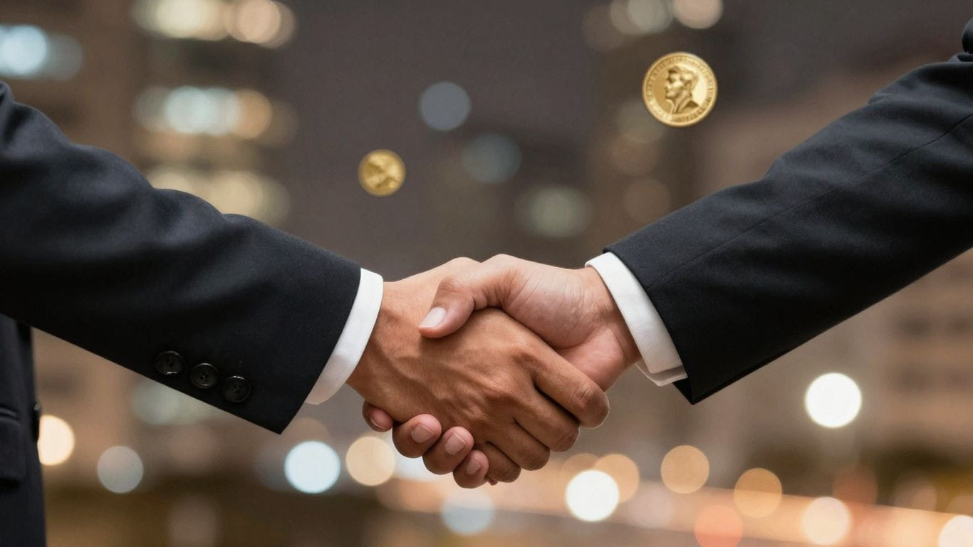 Handshake symbolizing business deal and capital growth.