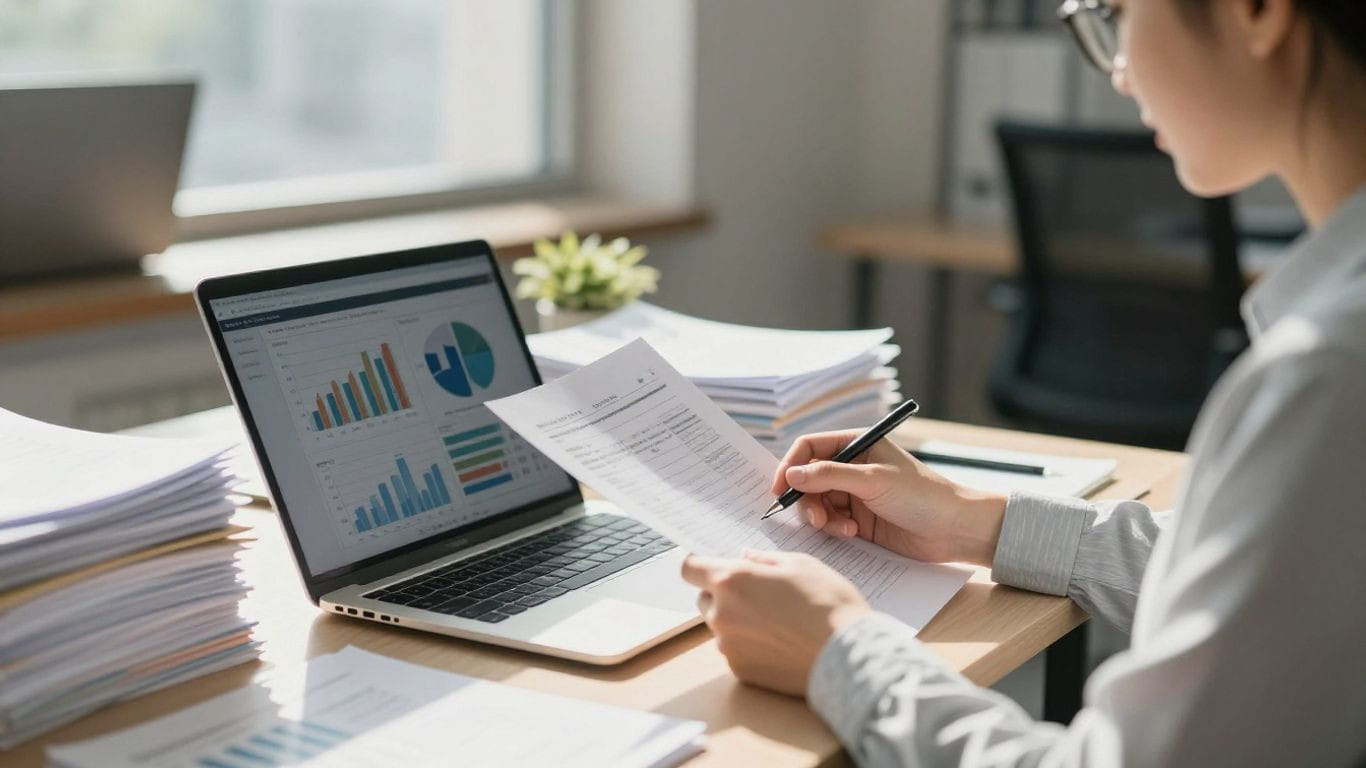 Business owner reviewing financial documents for debt financing.