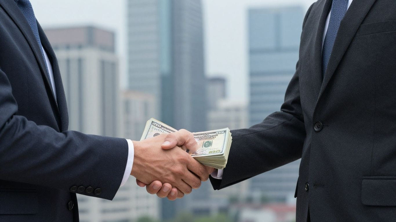 Business handshake with money exchange, cityscape background.