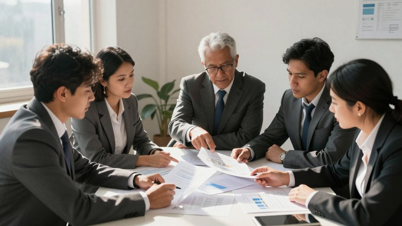 Business owners discussing financial documents and loan options.