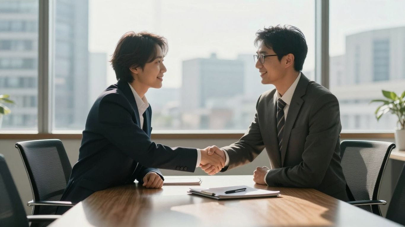 Business deal handshake in a modern office setting.