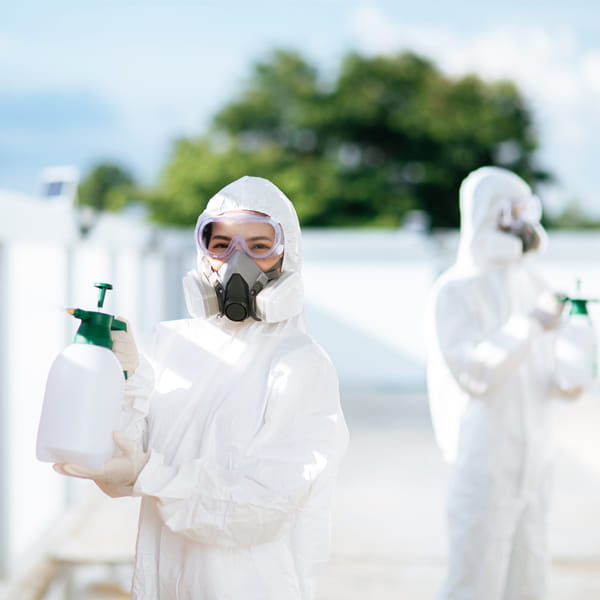 Professional pest control technicians using protective equipment during treatment application Professional pest control technicians using protective equipment during treatment application