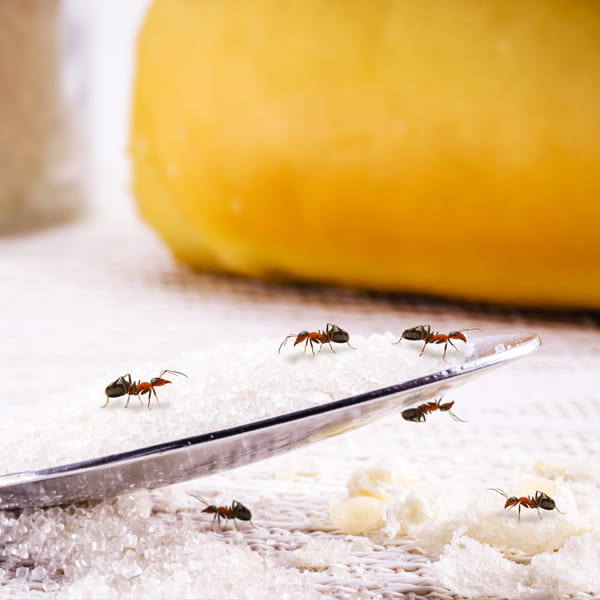 Ant infestation attracted to food crumbs inside home kitchen