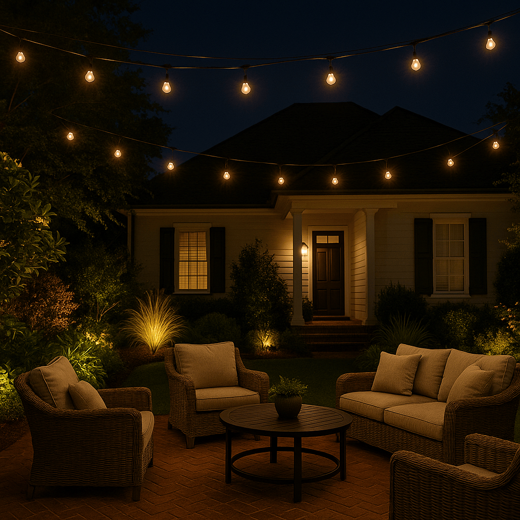 Patio bistro lights and landscape lighting at night