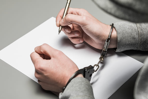person wearing handcuffs as they hold pen contemplating signing a document