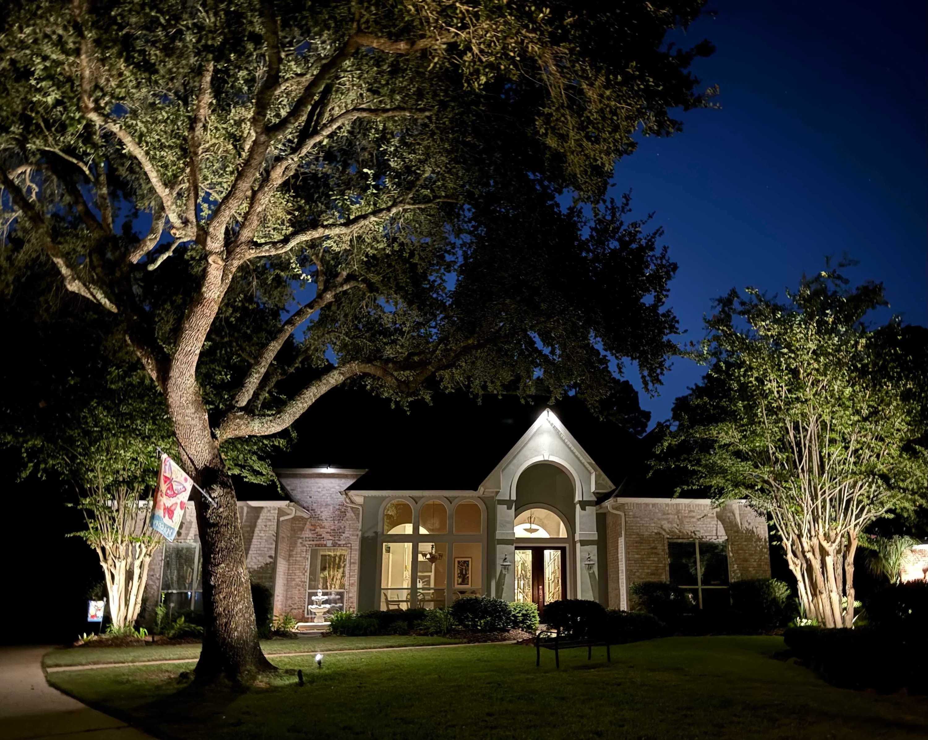 Landscape lighting illuminating trees in front yard of residential home