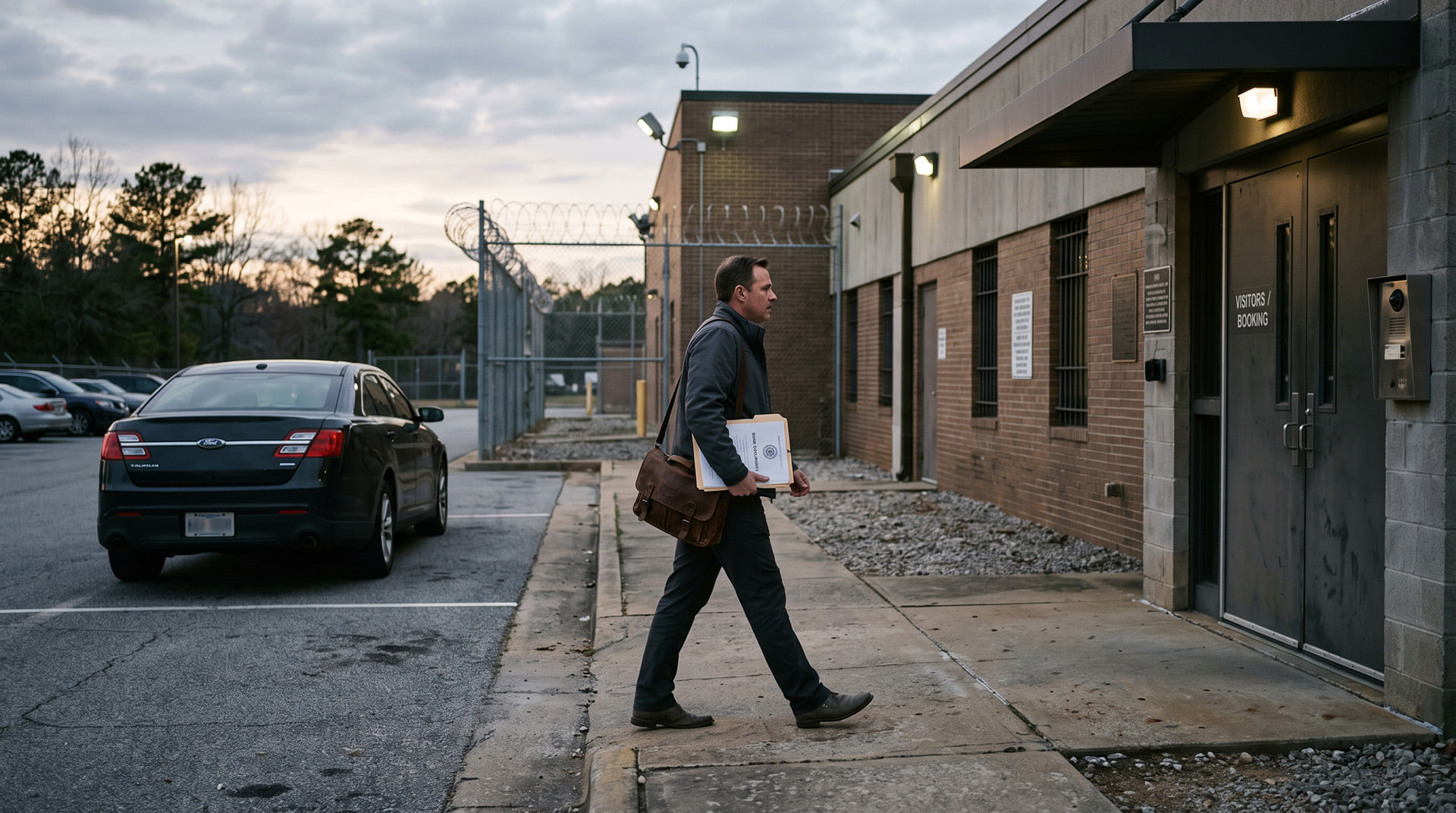 A professional bail bonds agent carrying paperwork toward the secure facility entrance