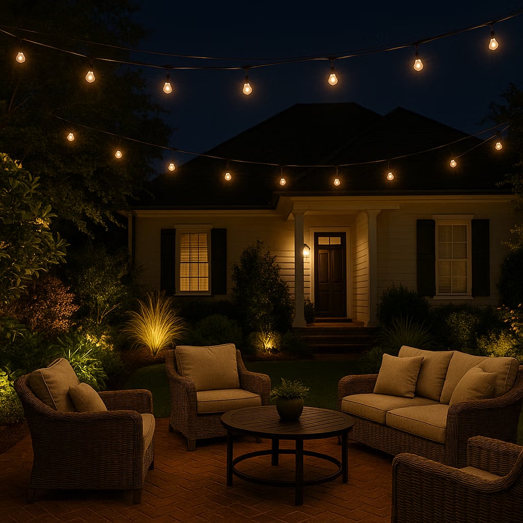 Patio bistro lights and landscape lighting at night