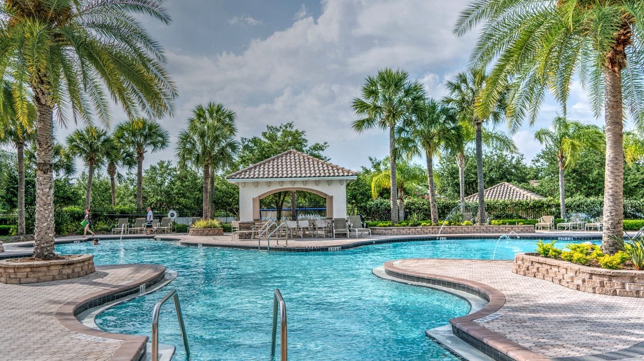teal tile pool surrounded by palm trees