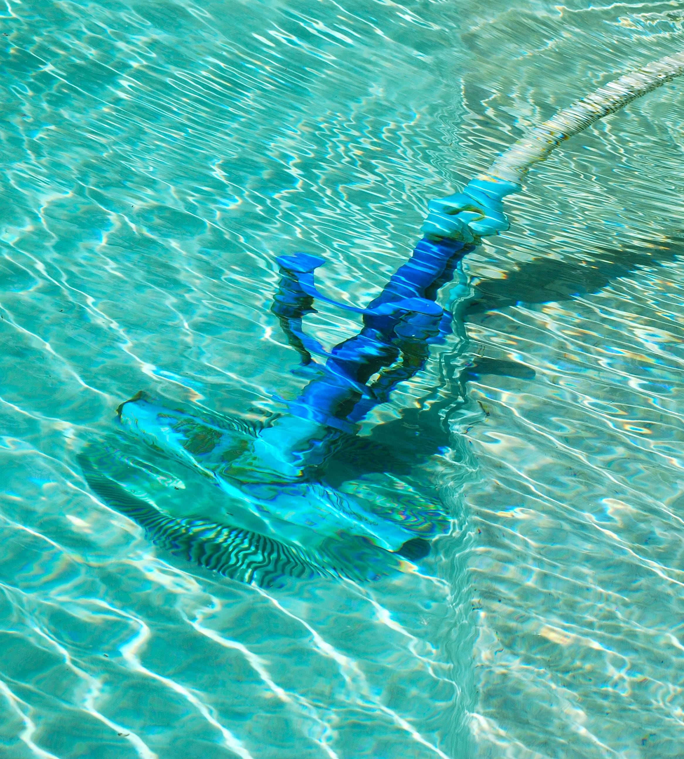 pool cleaner moves net through pool water to gather debris