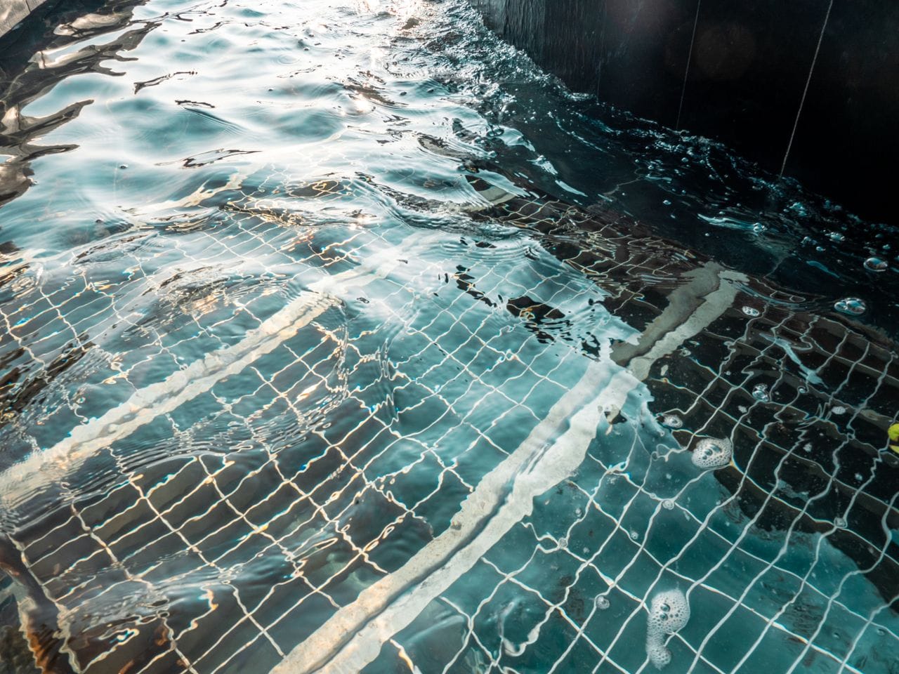 Rippling pool water with tile grid pattern and light reflections