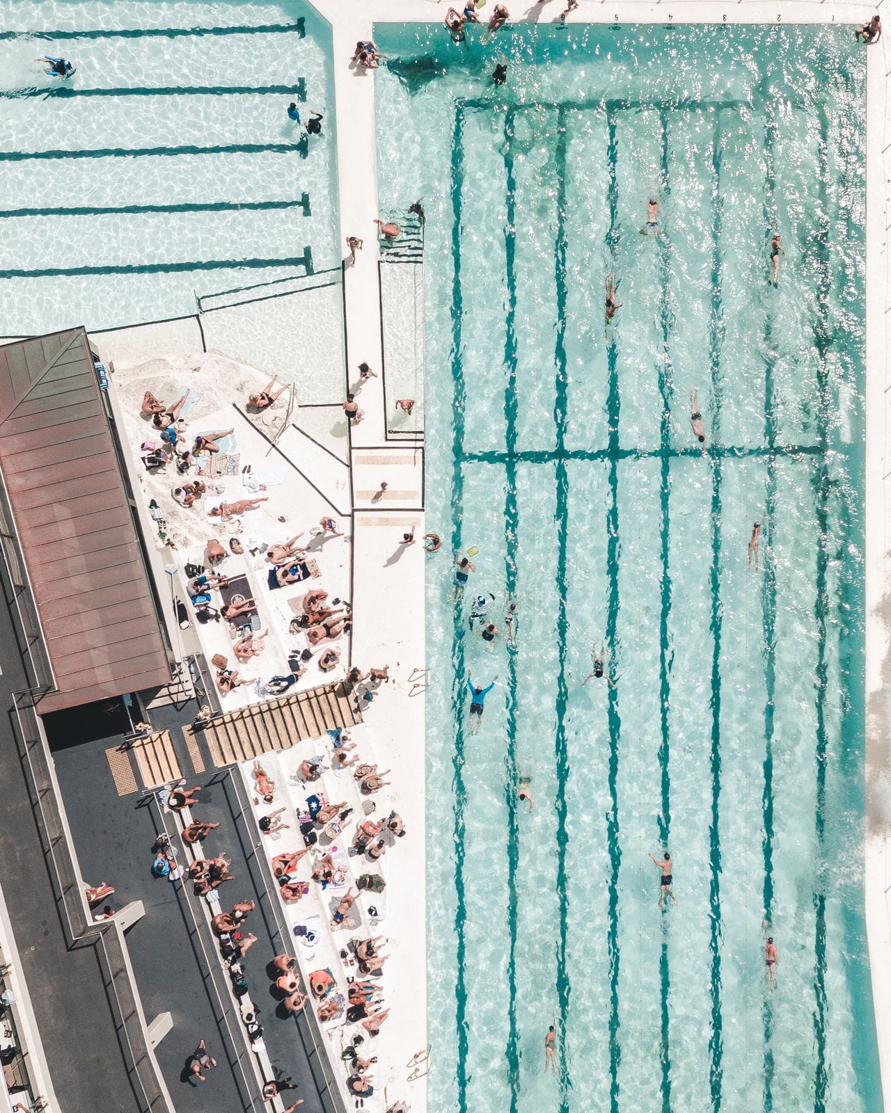 Aerial view of swimmers in numbered lanes at public pool