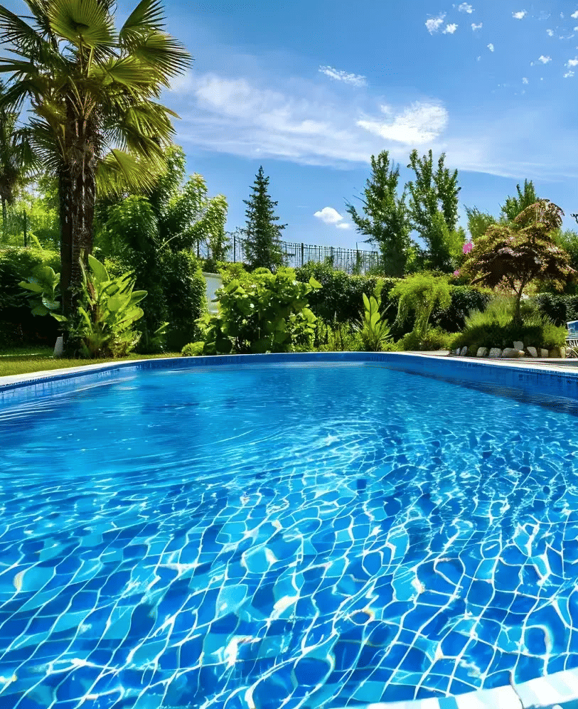 blue water in pool surrounded by tropical trees