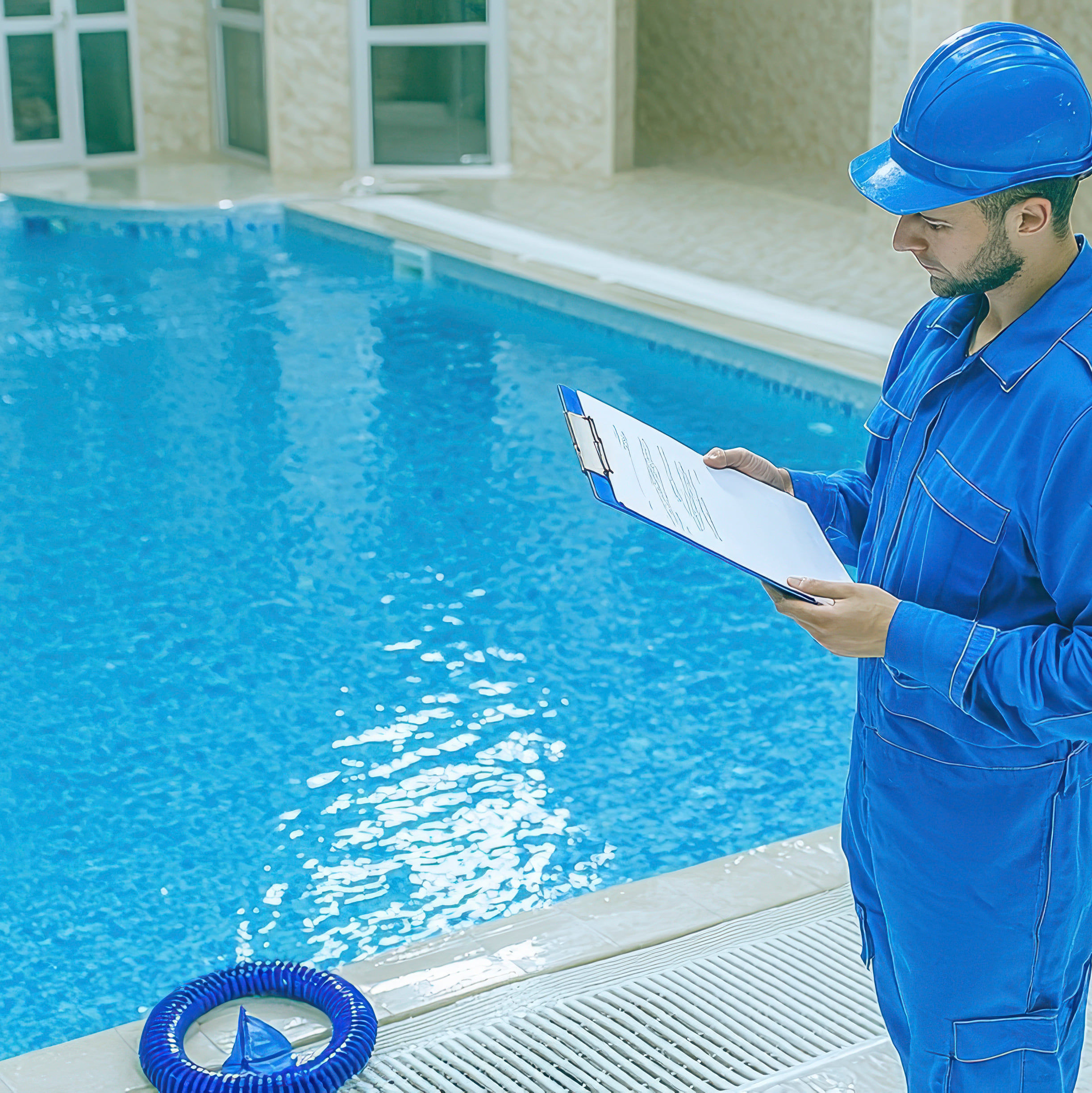 Technican looking over maintenance contract for a residential pool