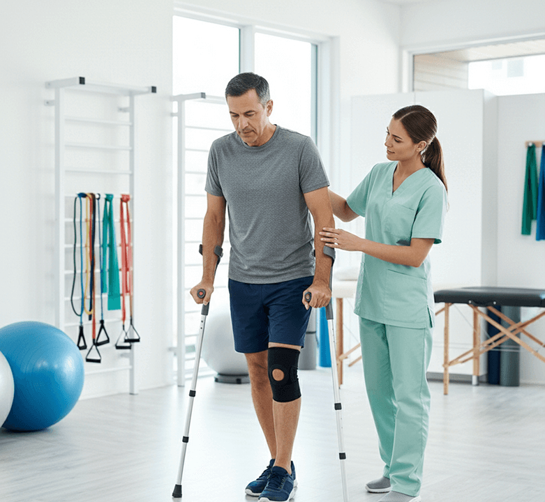 A man with forearm crutches getting help walking from physical therapist