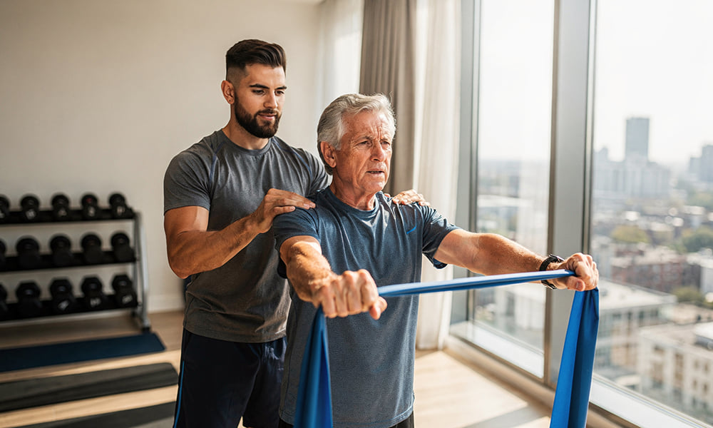 A patient using resistance bands while doing exercises with the aid of a physical therapist