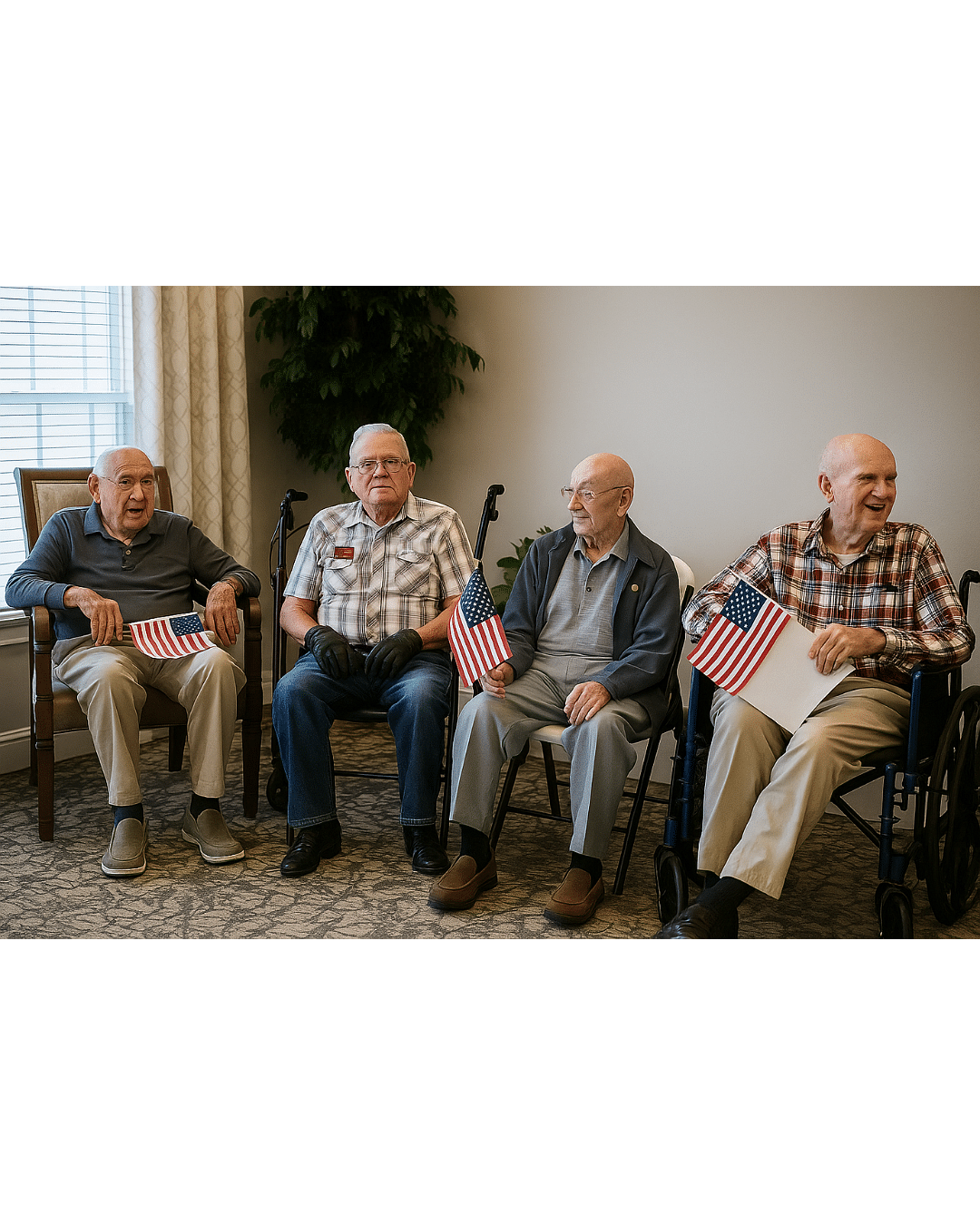 elderly men sitting with American Flags