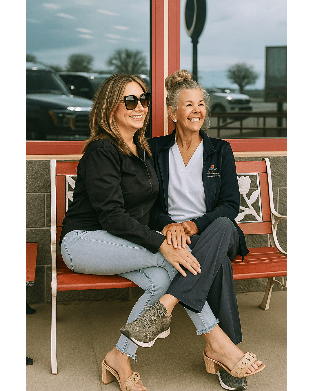 Two Hospice care Workers sitting on a bench