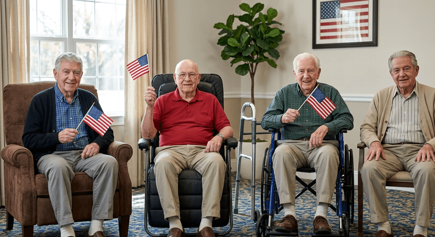 elderly men sitting with American Flags
