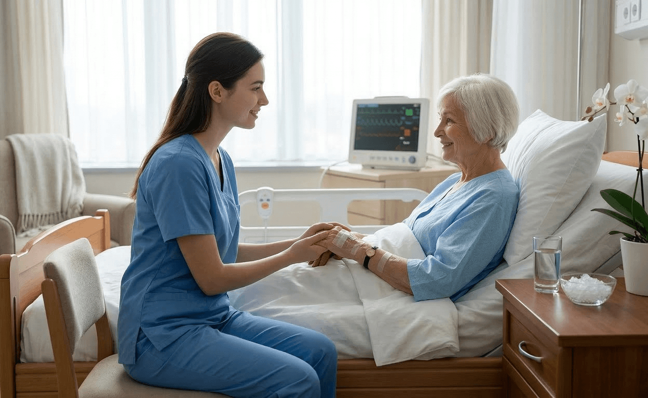 hospice care nurse holding hand on elderly patient
