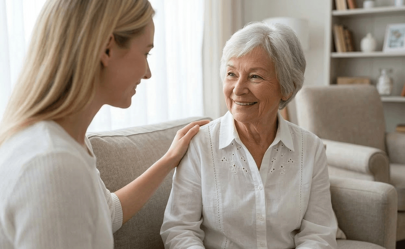 Elderly woman from Las Vegas looking at her daughter mid conversation