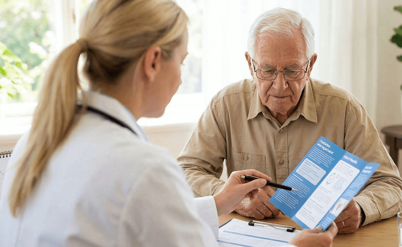 elderly man looking over paperwork with doctor
