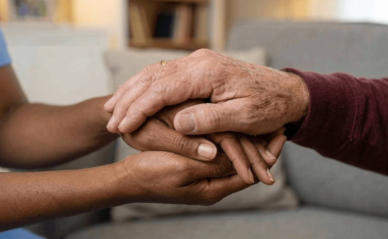Elderly man holding the hand on a healthcare worker