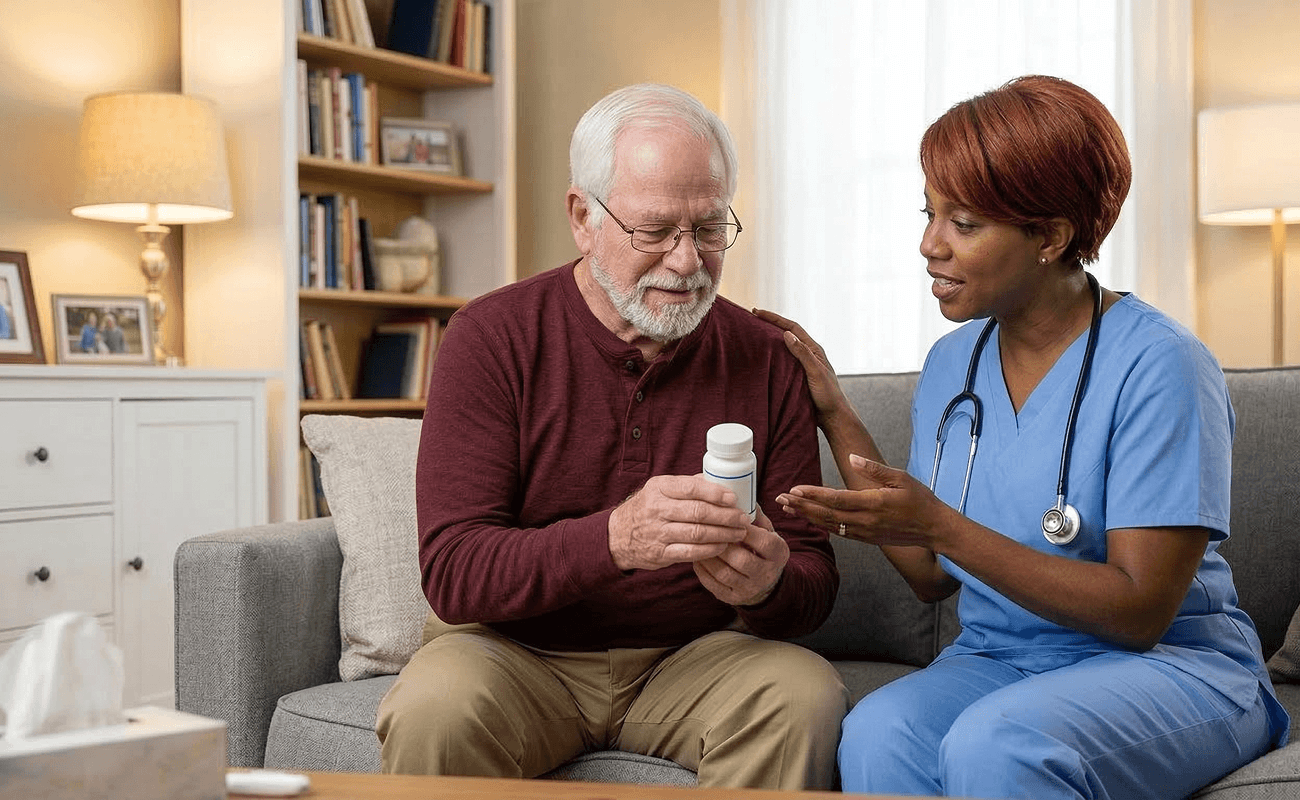 elderly man looking over pills with hospice care doctor