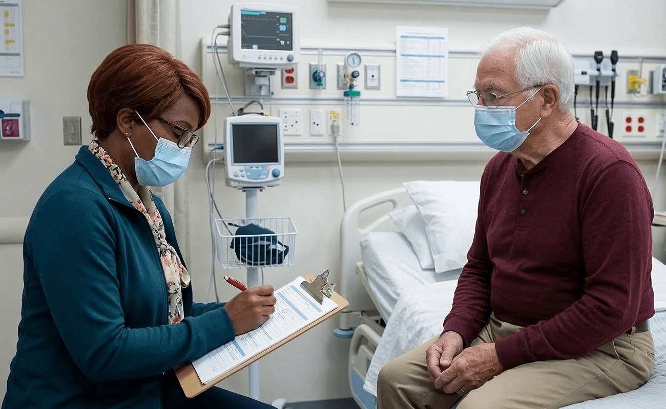 Hospice care nurse looking over the chart as she aids a patient