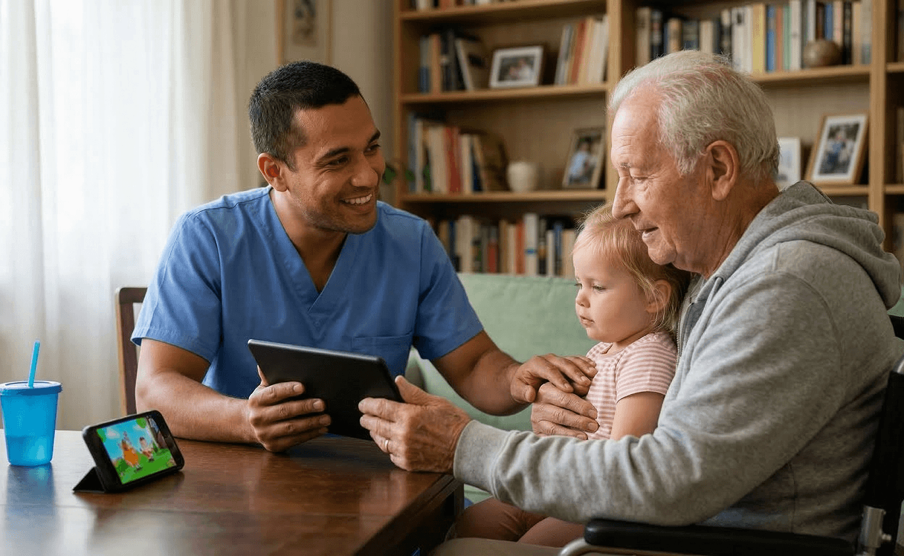 hospice care physicians smiling at elderly man with his grandchild