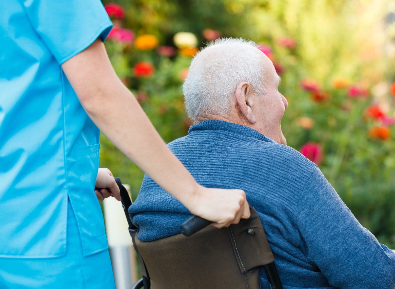elderly man smiling as hospice care worker pushing him in wheelchair as he looks at a garden