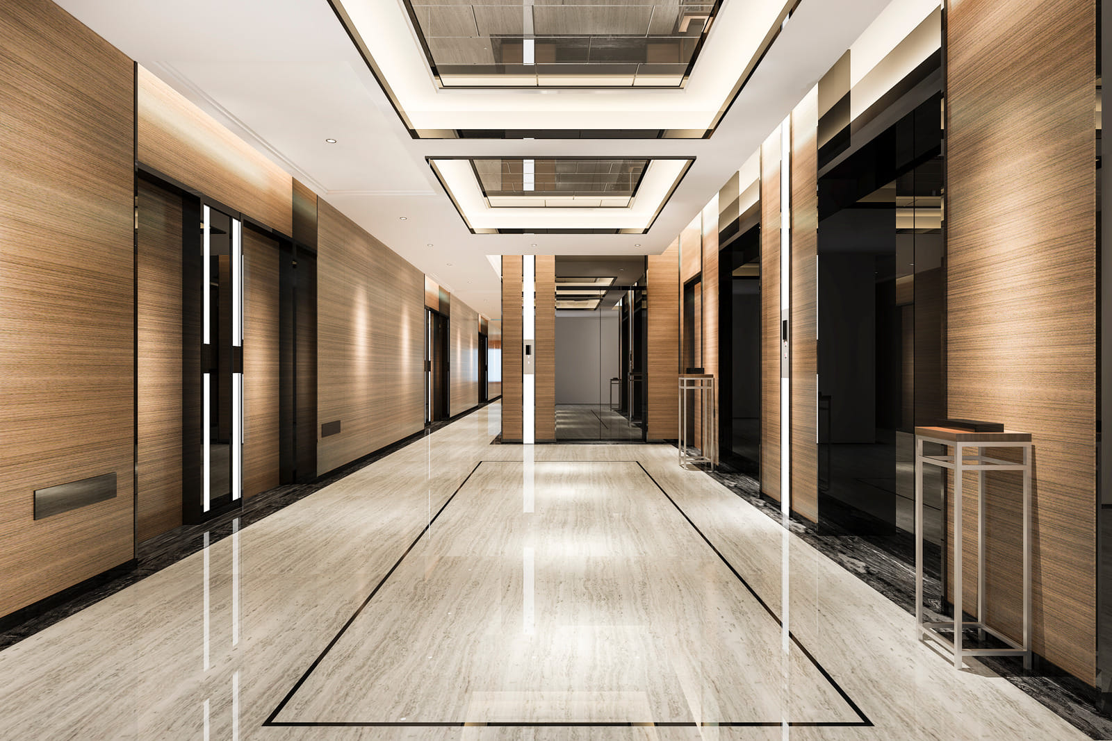 modern hotel lobby with hanging lights