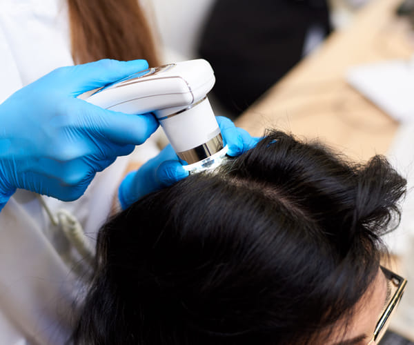 Dermatologis looking at hair follicles under scope