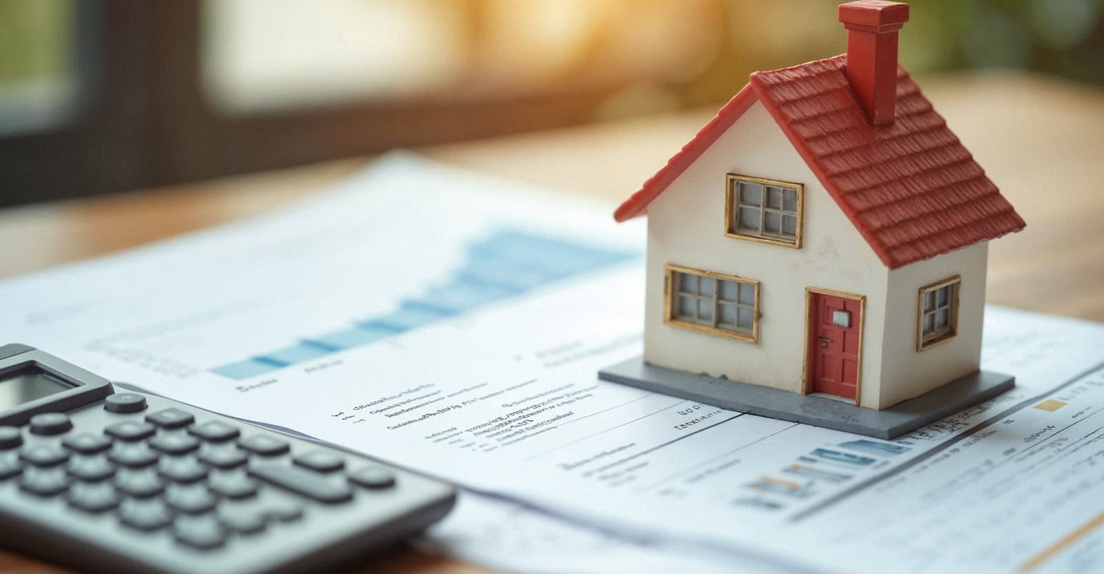 Home purchase documents with house model representing real estate closing Home purchase documents with house model representing real estate closing