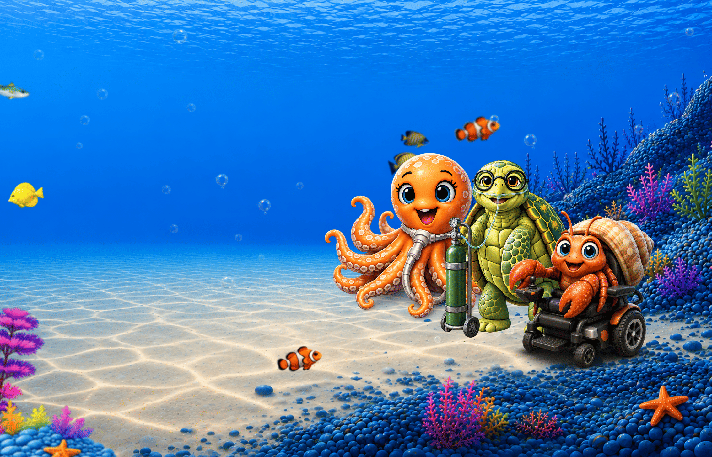 Cartoon sea creatures gathered underwater on ocean floor