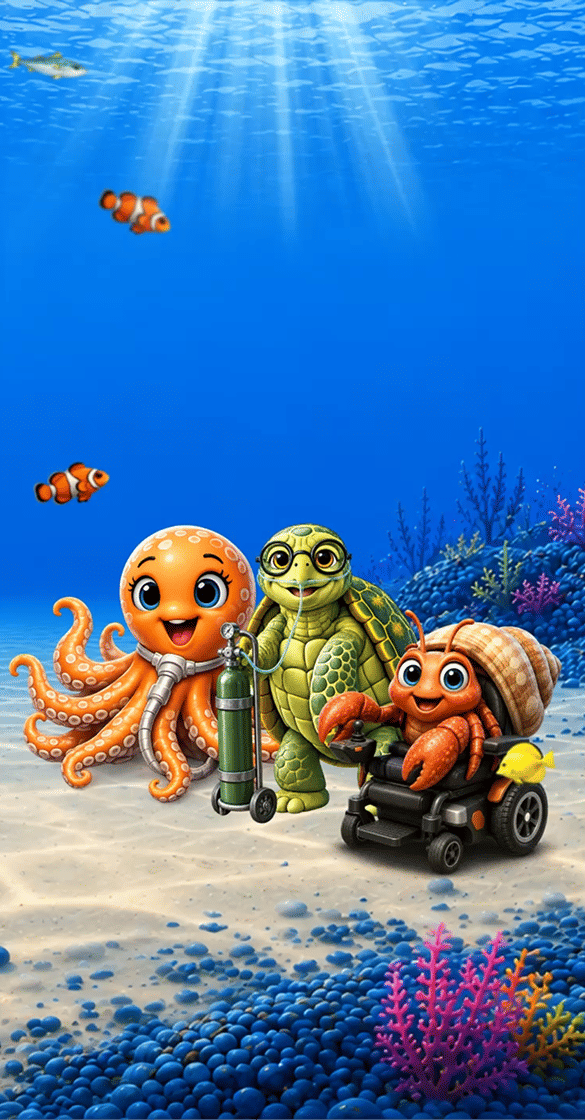 Cartoon sea creatures gathered on underwater seabed