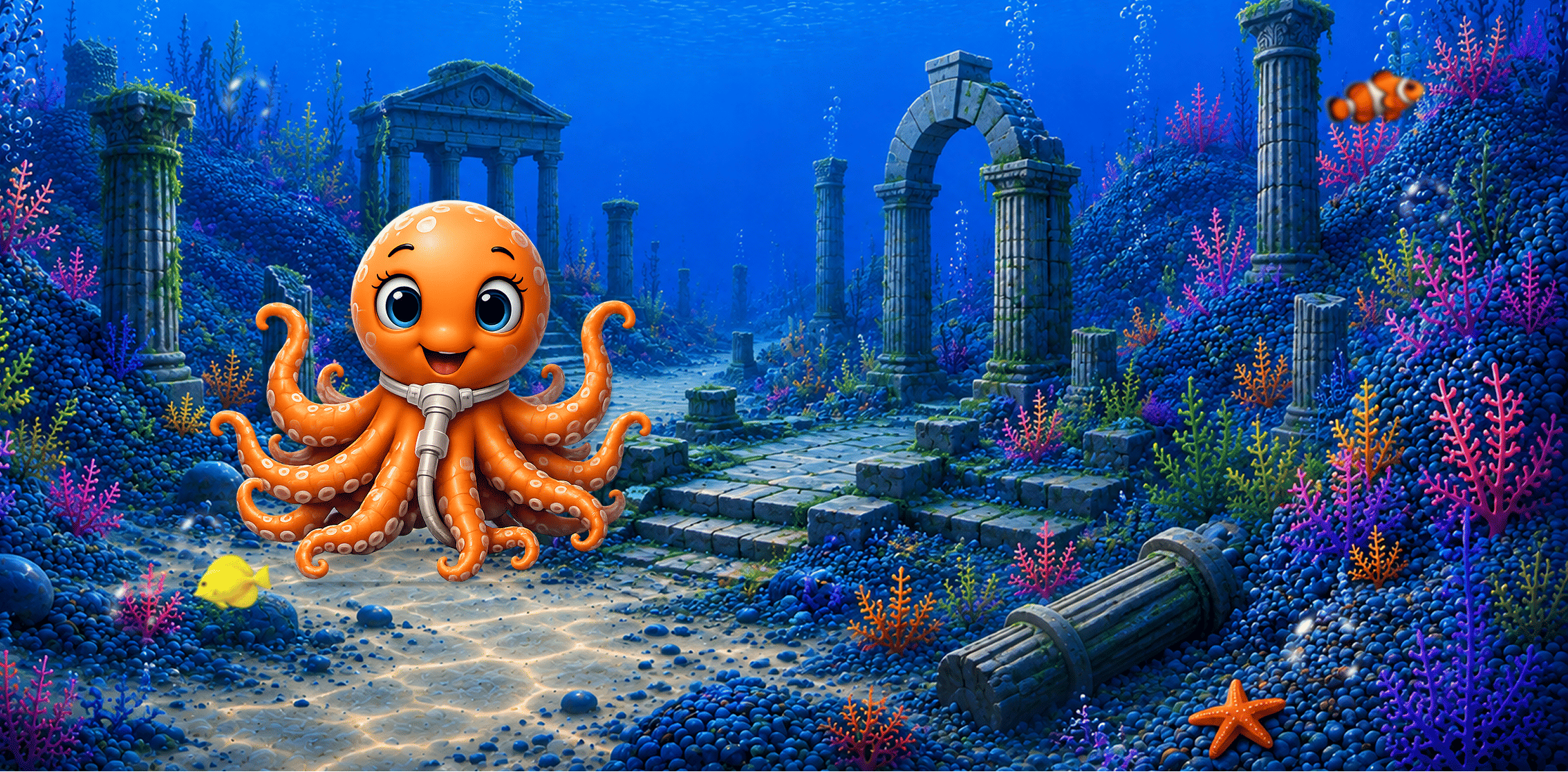 Cartoon orange octopus with a breathing device swimming among sunken ancient ruins and coral
