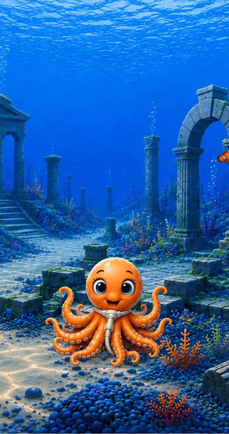 Mobile homepage banner of cartoon octopus mascot with breathing gear among underwater ruins