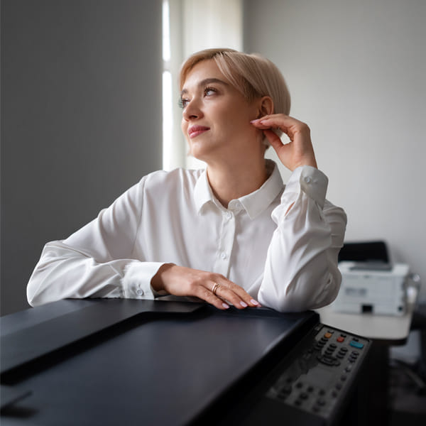 Office professional standing at a multifunction copier in a modern workspace
