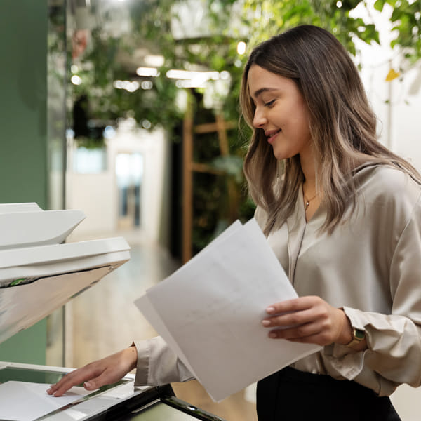 Professional using a multifunction printer for copying documents in a modern office
