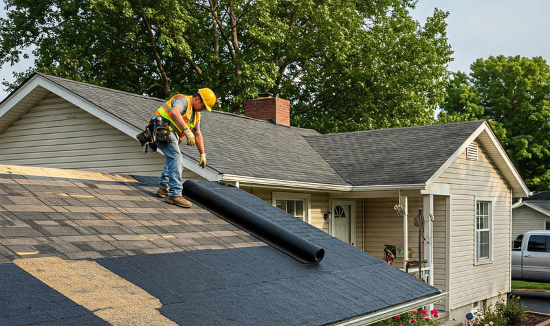 Roofing contractor installing underlayment on residential roof in Keller TX Roofing contractor installing underlayment on residential roof in Keller TX
