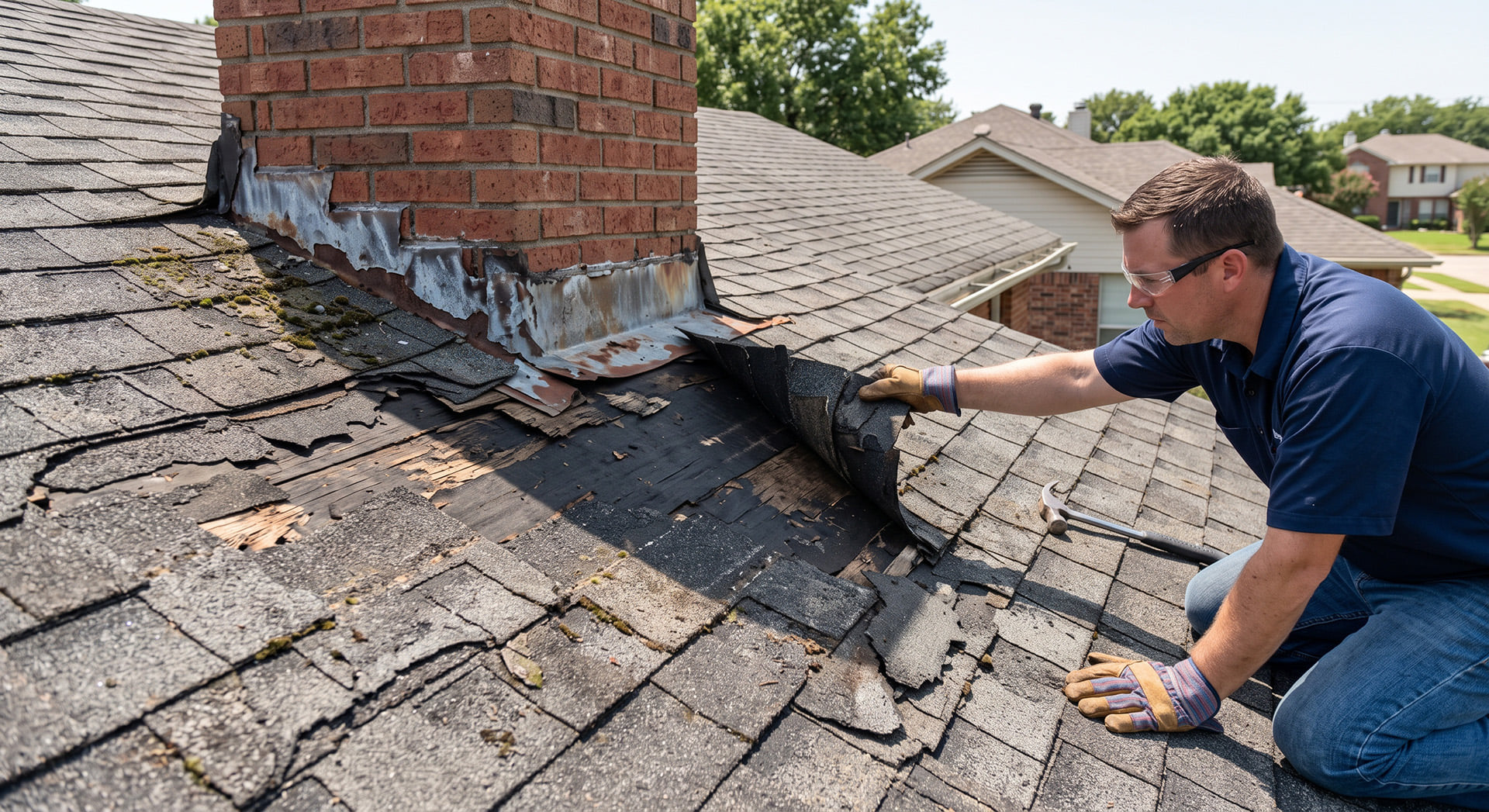 Roofing contractor inspecting damaged shingles and exposed underlayment near a chimney