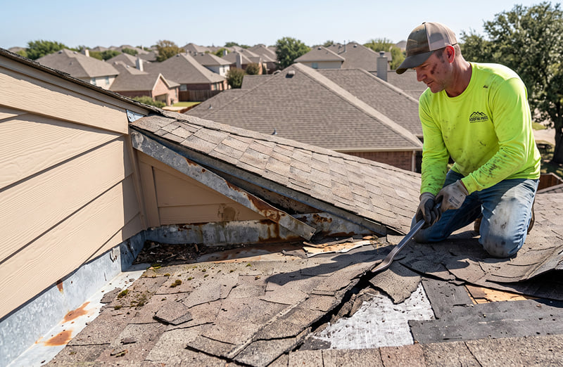 Missing and Damaged Shingle Repair roofing contractor in a bright neon shirt uses a pry bar to lift damaged, weathered asphalt shingles