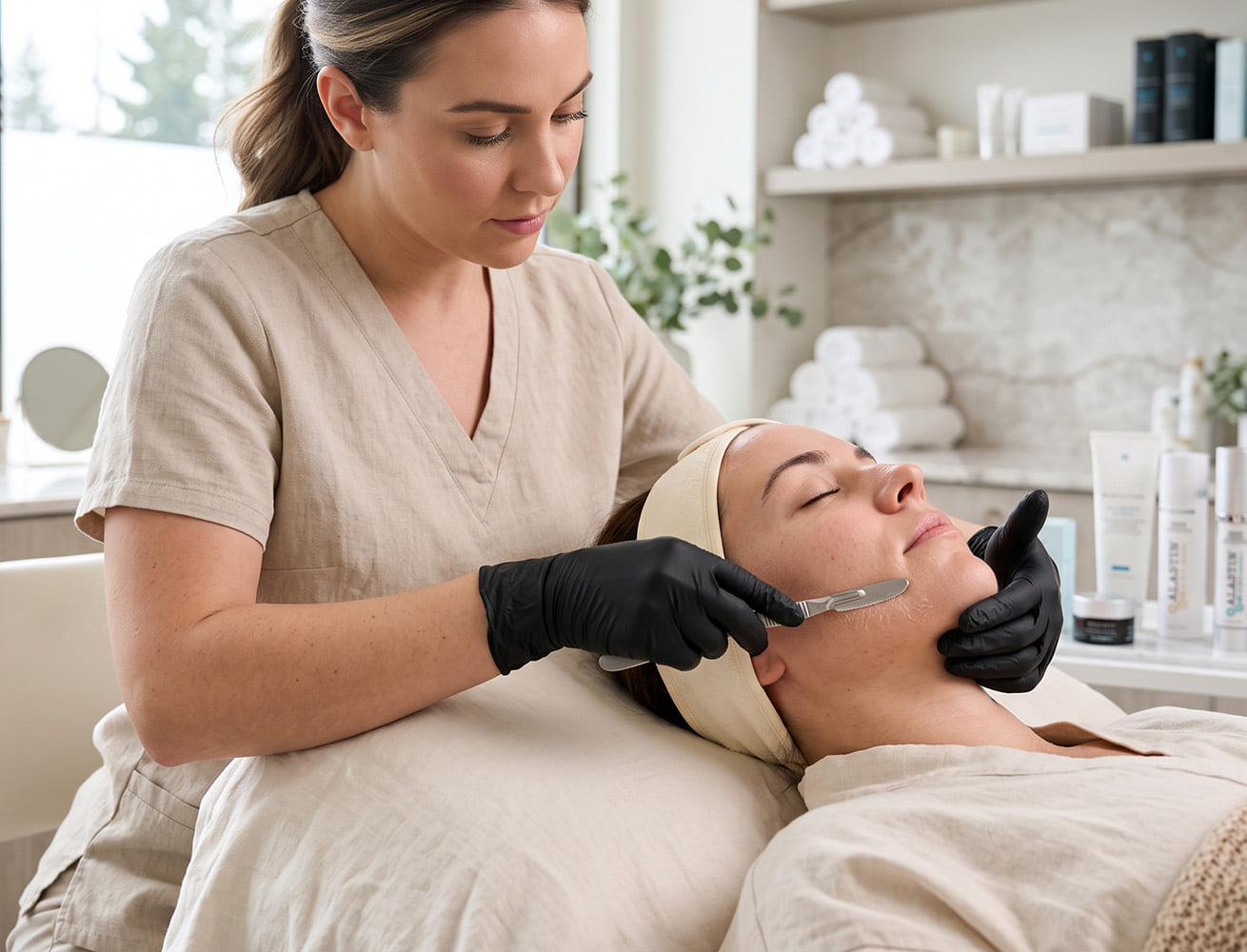 Medical Esthetician running a Dermaplane Facial Razor dow a client\'s face