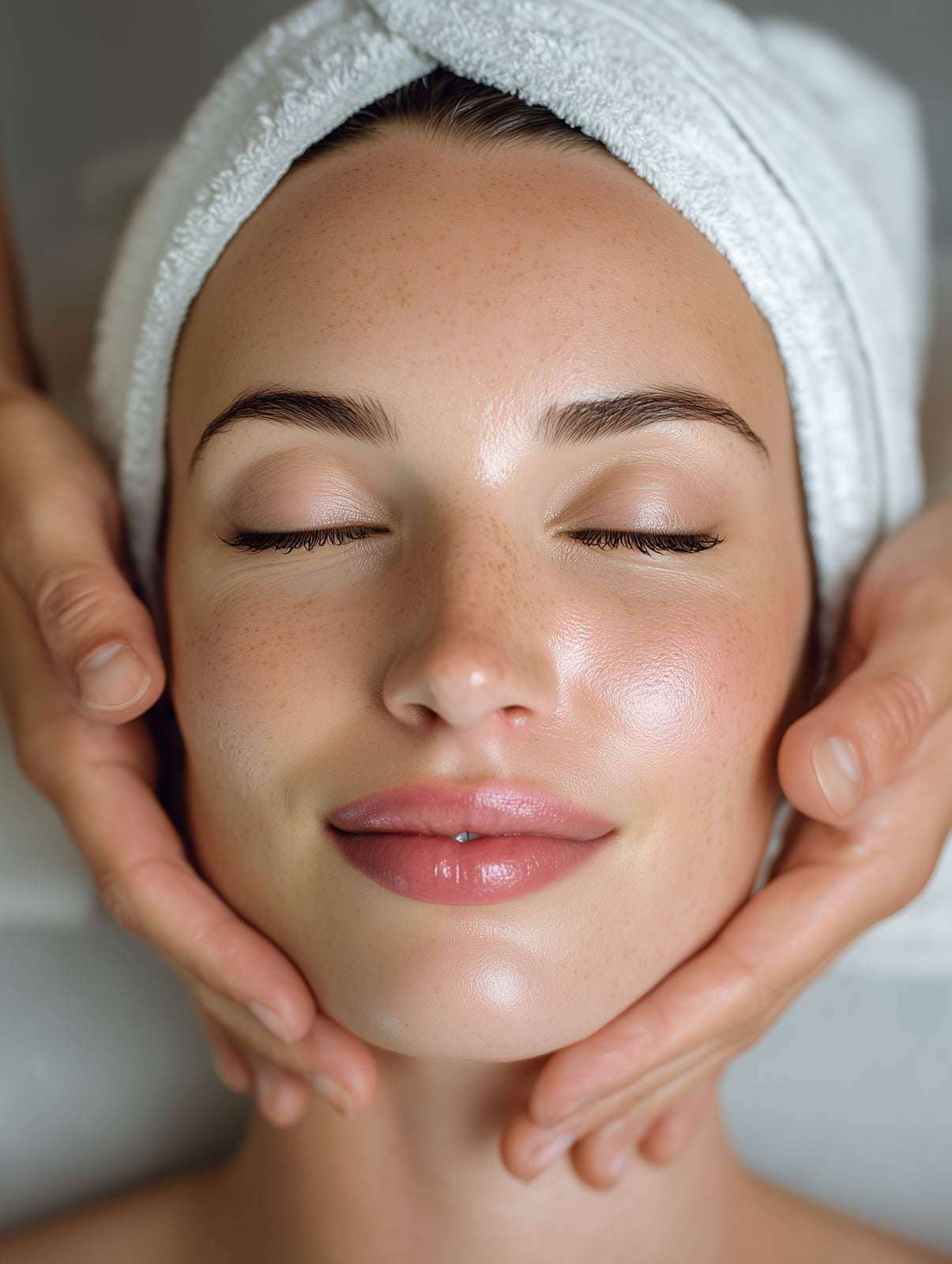 Woman lying pampered with her eyes closed, with a soft smile after a dermaplaning facial