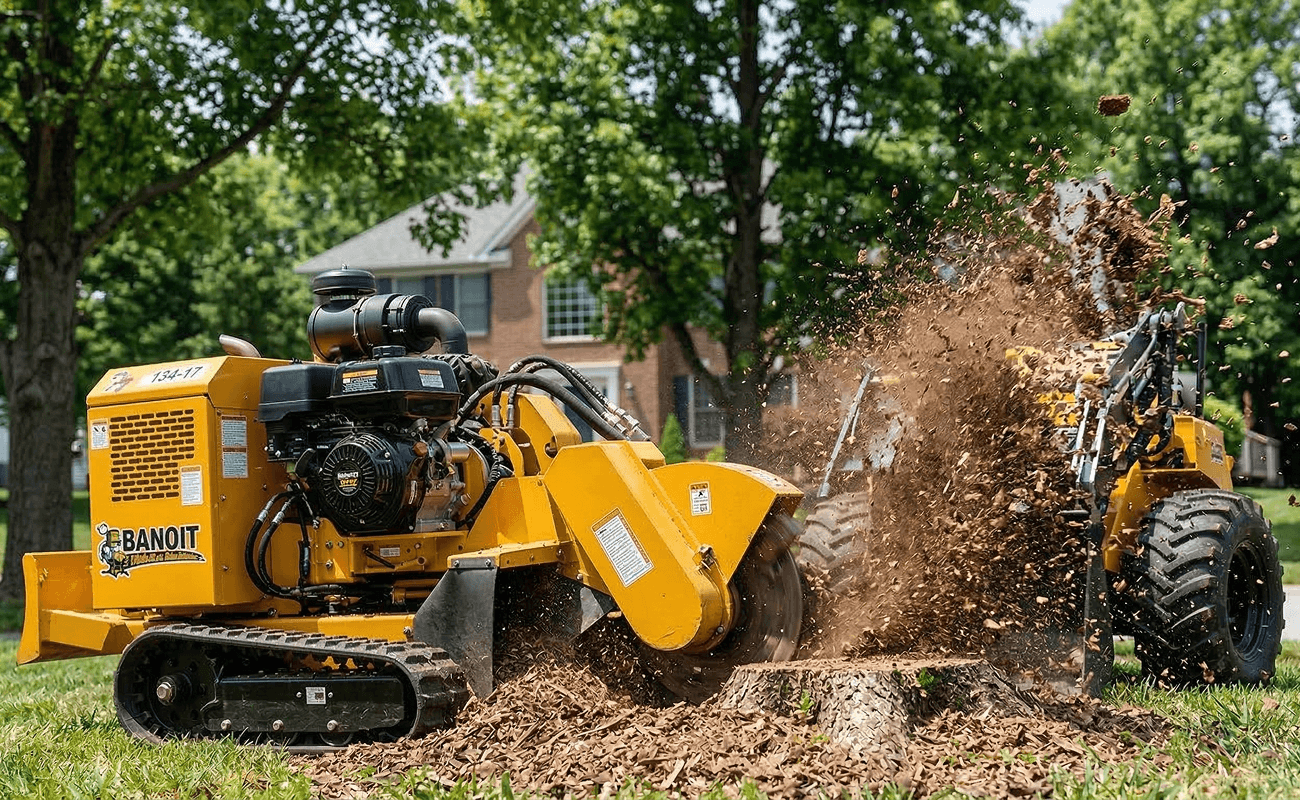 Close-up of stump grinder cutting through tree stump with wood chips flying in Louisiana Close-up of stump grinder cutting through tree stump with wood chips flying in Louisiana
